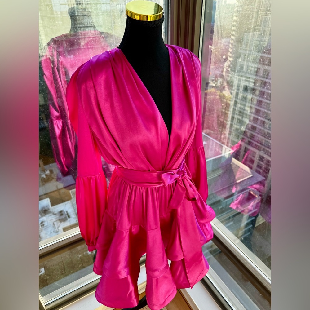 🆕 BRONX & BANCO 🧿 NWOT Bedouin V-Neck Ruffle Mini Dress, Pink Silk - Size L - Picture 11 of 15